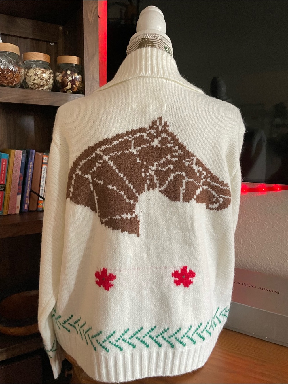 Women’s Cream Teddy Jacket with Brown Bear Intarsia